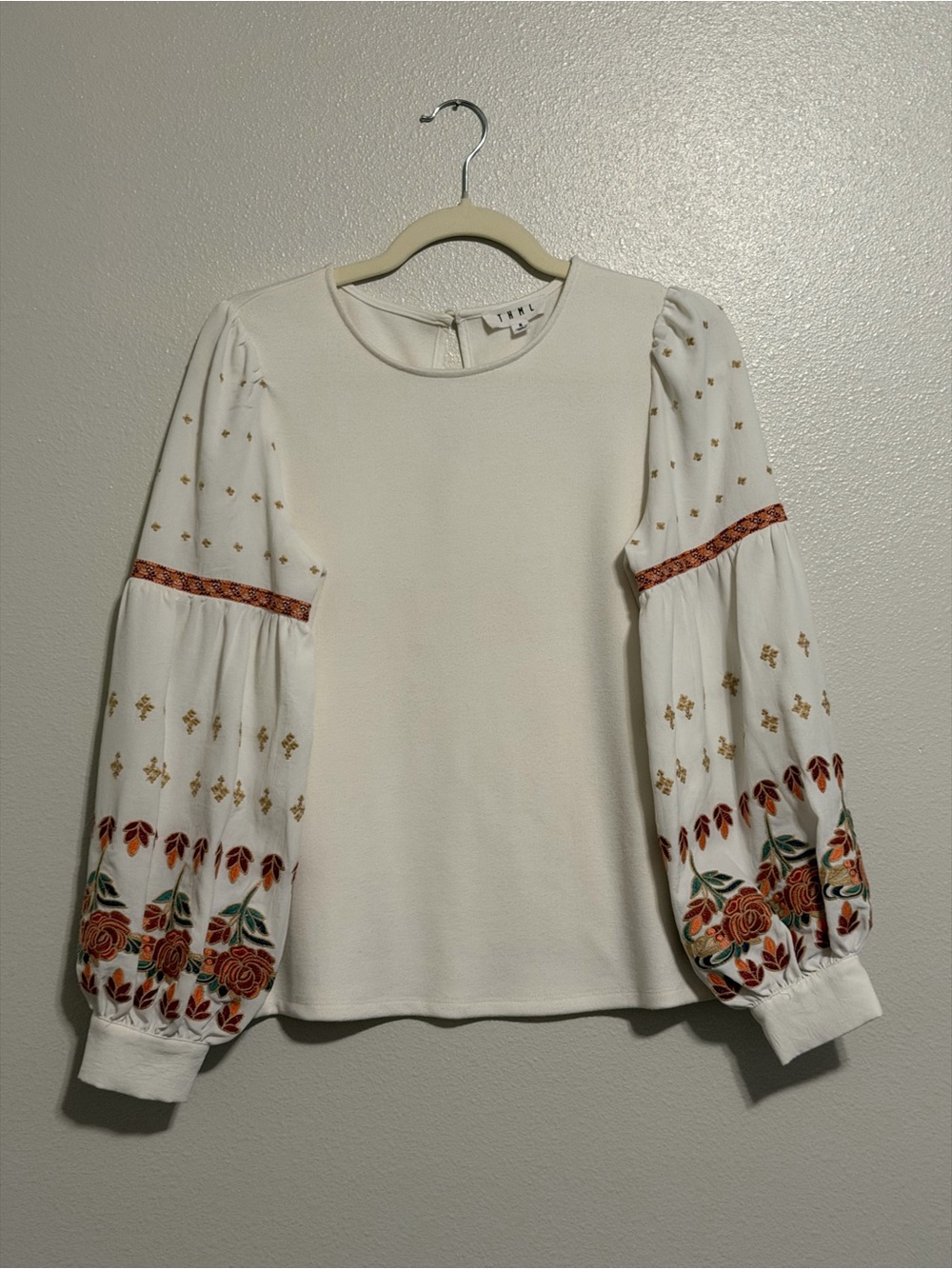 THML White Puff-Sleeve Tunic with Orange Rose Embroidery
